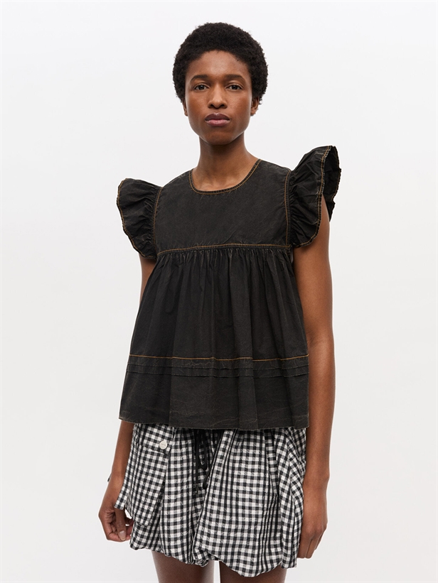 Ganni W0587 Garment Dyed Cotton Frill Sleeve Top Black