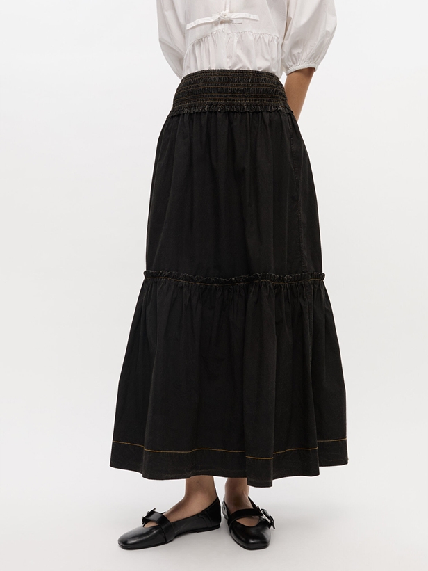 Ganni W0877 Garment Dyed Cotton Smock Maxi Skirt Black
