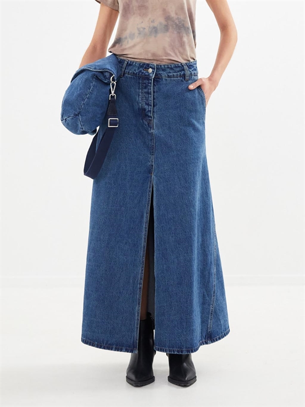 Rabens Saloner Henrike Denim Panelled Skirt Washed Indigo