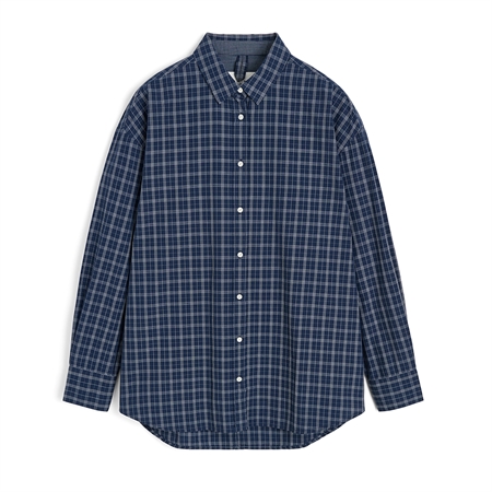 Aiayu Shirt Check Mix Navy mørkeblå mikroternet bomuldsskjorte i løs pasform
