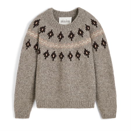 Aiayu Wyn Sweater Mix Pure Grey ufarvet lysegrå håndstrikket uldsweater med mønstret boliviansk bærestykke