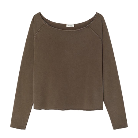 Mørkebrun vasket langærmet Vibtown sweatshirt i blød bomuld med rund hals og brede ribkanter til kvinder fra American Vintage.