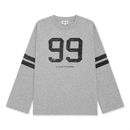 Baum und Pferdgarten Jeevona LS T-Shirt Grey Melange gråmeleret langærmet bluse med stort sort 99 print på brystet og striber på