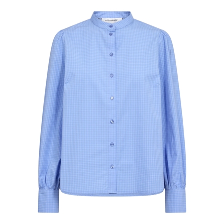Lyseblå og hvidternet langærmet ElonaCC Check Shirt bomuldsskjorte med kinakrave og knapper til kvinder fra Co'Couture.