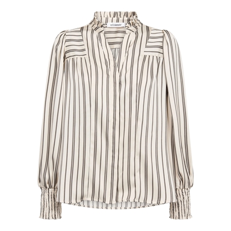 Råhvid langærmet HellyCC Stripe V-Shirt skjorrte med lodrette mørke striber, V-hals og smock-detaljer i hals og ærmer fra Co'Cou