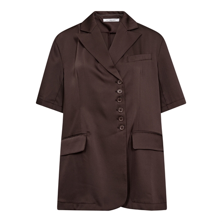 Co'Couture MeiCC SS Blazer Dark Brown eksklusiv mørkebrun kortærmet blazer med unikt asymmetrisk knapdesign