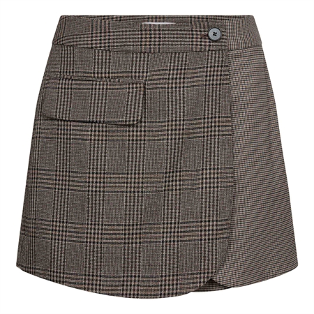 Co'Couture VeyaCC Check Wrap Skort Brown ternet slå-om nederdel med indbyggede shorts og fin knapdetalje