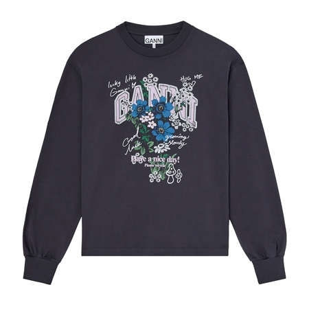 Mørkegrå Ganni Basic Cotton Jersey langærmet t-shirt med blomsterprint til kvinder