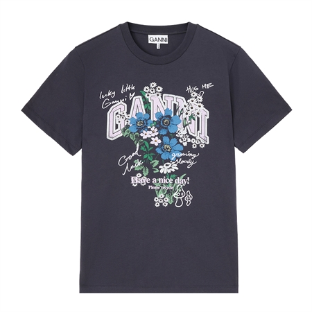 Ganni Basic Cotton Relaxed T-shirt Flower Phantom A1050331 mørk t-shirt med blomsterprint i oekologisk bomuld til kvinder fra MA