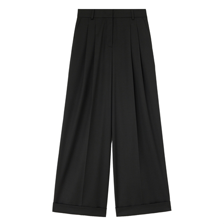 Ganni Calendered Wool Oversized Pleated Pants Black