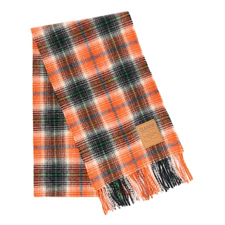 Ganni Compact Wool Scarf Checks Russet Orange