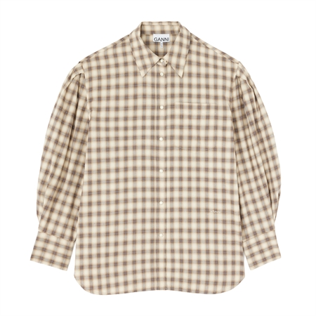 Ganni Light Check Flannel Pleated Sleeve Oyster Gray