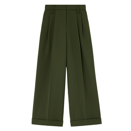 Ganni Single Wool Twill Oversized Pleated Pants Kombu Green