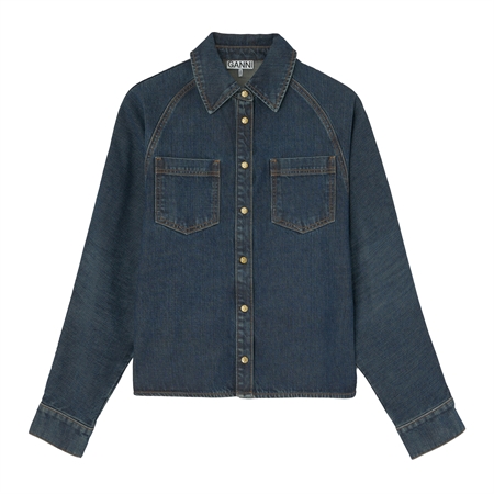 Mørkeblå Ganni Slub Mix Denim Batwing skjorte i vintagelook til kvinder