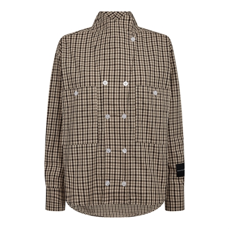 Haute L'Amitié High Collar Check Shirt Beige ternet skjorte i bomuld med høj krave