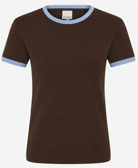 Brun Ichi IhMolly SS T-Shirt t-shirt med lyseblå kontrastkanter til kvinder