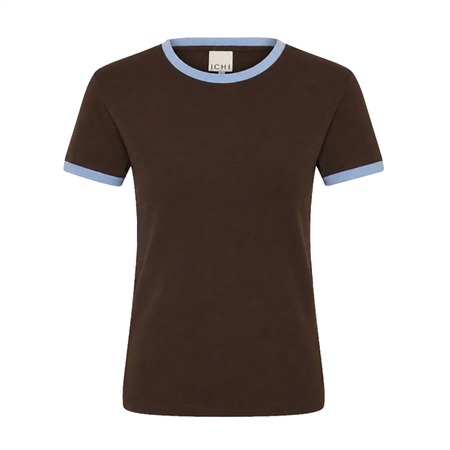 Brun Ichi IhMolly SS T-Shirt t-shirt med lyseblå kontrastkanter til kvinder
