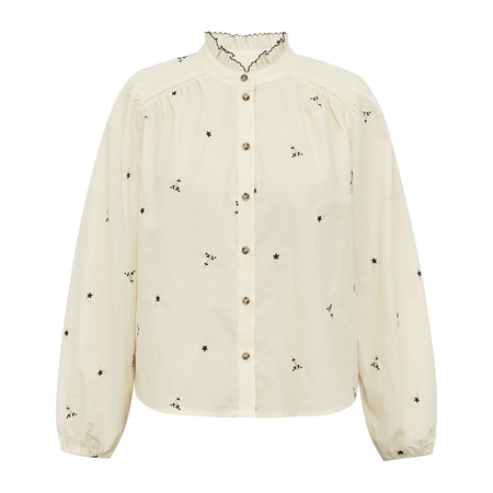 Lollys Laundry AlessandraLL Shirt LS Flower Print mønstret bomuldsskjorte med høj flæsekrave og små kontrastbroderier