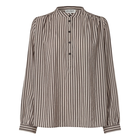 Lollys Laundry LariLL Shirt LS Beige oversized stribet skjorte i beige og mørke farver med kinakrave og mørke knapper
