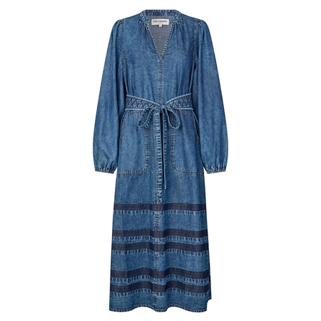 Lollys Laundry ParisLL Midi Dress LS Blue blå langærmet denimkjole i let kvalitet med V-hals og bindebælte