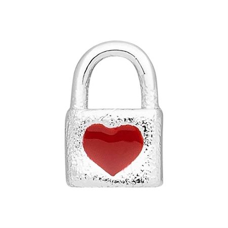 LULU Copenhagen Love Lock hængelås-ørering i sølv med rødt emaljehjerte