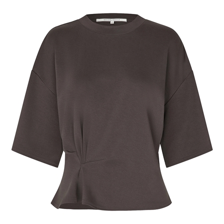 Second Female Missouri Tee Dark Brown Melange mørkebrun meleret kortærmet t-shirt med rynkedetaljer foran