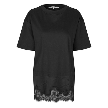Sort bomulds Vaccara Lace Tee t-shirt med brede korte ærmer og gennemsigtig blomsterblondekant forneden fra Second Female.