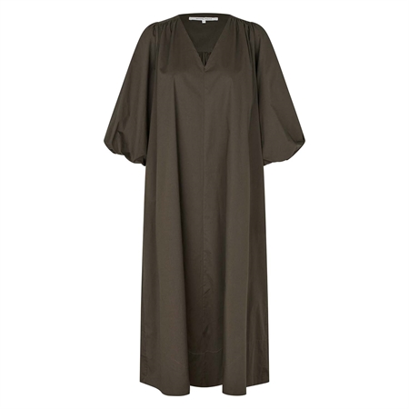 Second Female Viana Dress Black Olive med V-hals og ballonærmer