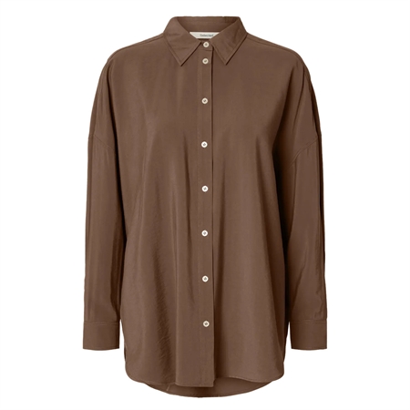 Selected Femme SLWMARY LS OVERSIZED SHIRT Chocolate Chip mørkebrun oversize poplinskjorte med sænkede skuldre