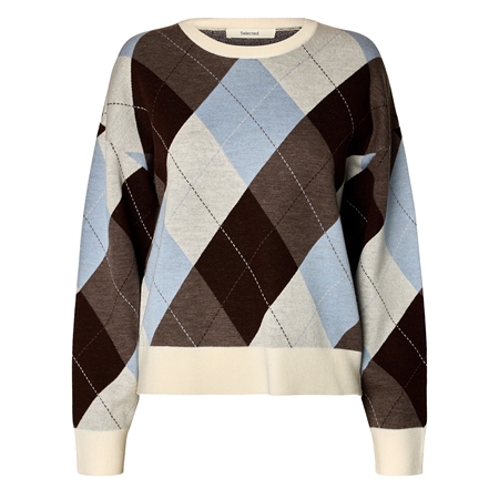 Selected Femme SLWThea LS Knit Argyle O-Neck i Cashmere Blue