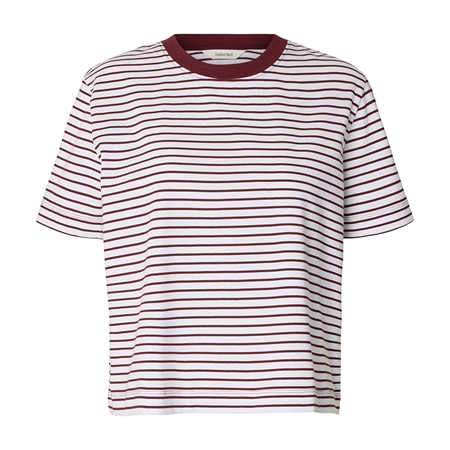 Selected Femme SlwEssential SS Striped Boxy Tee Tawny Port Bright White 16087918 stribet bordeaux t-shirt til kvinder fra MAAK S